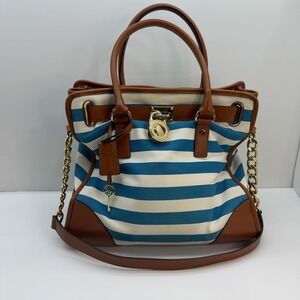 Michael Kors Hamilton Satchel Blue White Striped Canvas Brown Leather Handbag